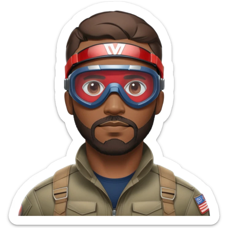 sam wilson with a very short hair close to the scalp and  a well-groomed beard that connects to his mustache,  wear sleek, red-tinted tactical goggles fit snugly from captain america: civil war sticker