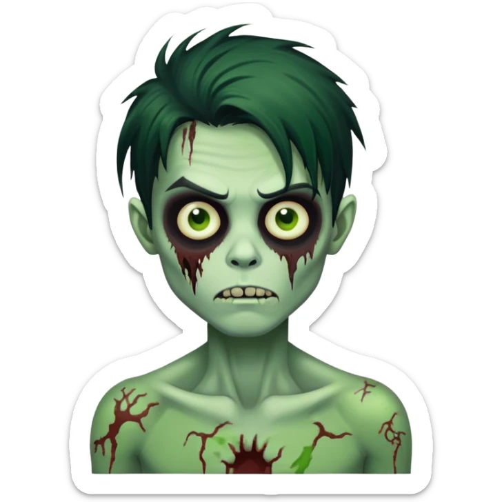 brunette zombie boy with horror green skin and long messy black hair sticker