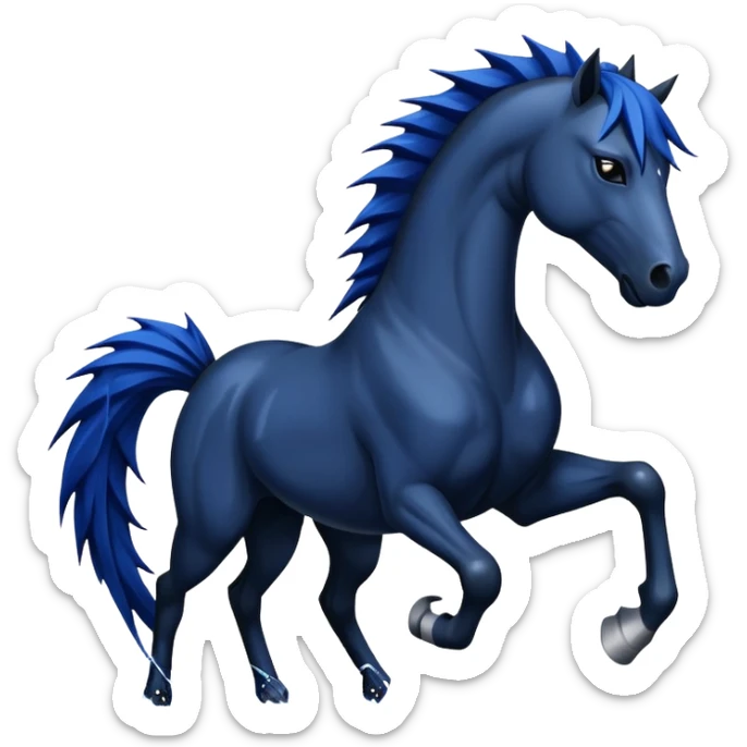 Ninja water horse, black horse body, dark blue watery accents, sharp spikes along mane and tail, fierce warrior pose sticker