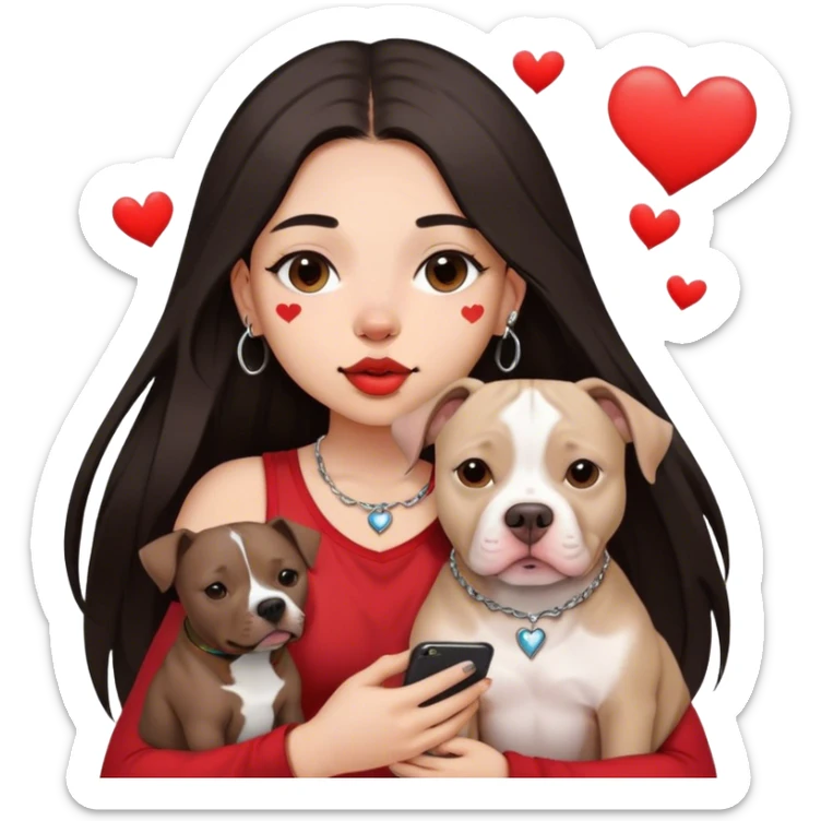 Young girl, with long dark hair, kind of chop you around her face holds her phone sitting by her pitbull. She has a small septum ring in her nose and heart fly all around her. sticker