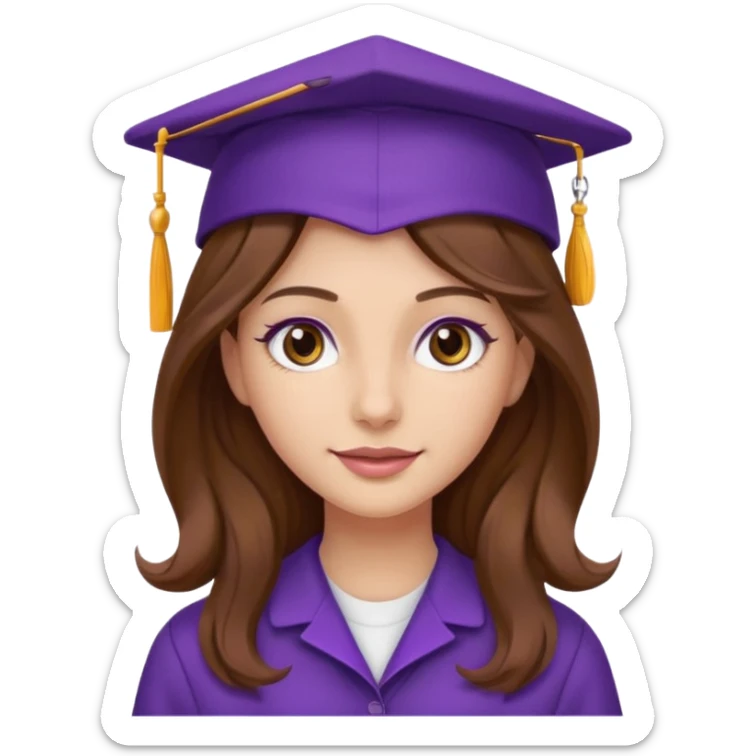 beautiful  woman normal skin with more wavy more longuer brown hair and hazel eyes with purple school hat sticker