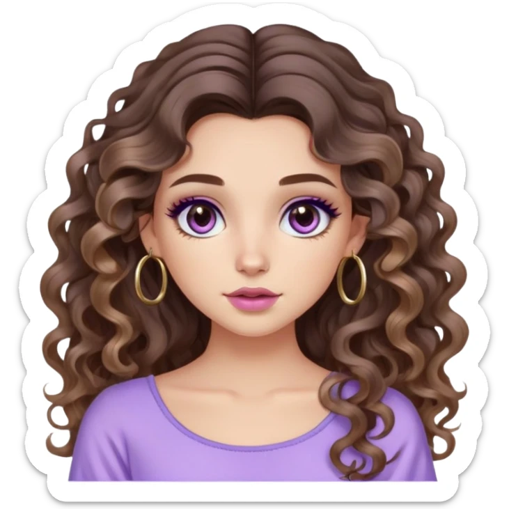 cute girl with not volominous VERY LONG curly/wavy brunette hair with balayage, brown eyes, full lips, cute makeup and hoop earrings white girl. wearing a cute lillac top sticker