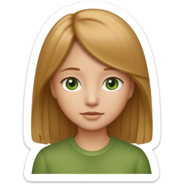 apple style emoji of a girl with light brown (русые) hair, 1A-1B straight hair texture, green and greyish eyes sticker