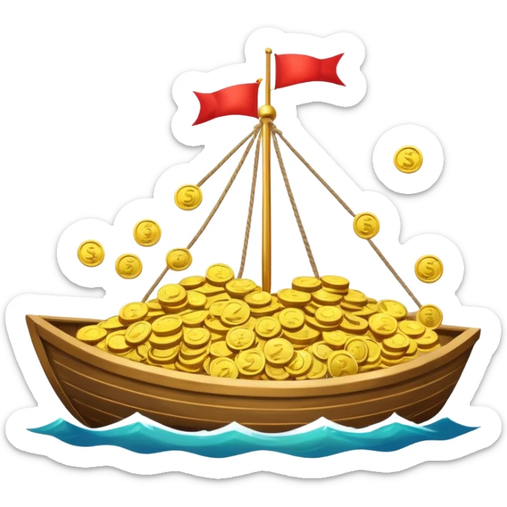 emoji of gold coins on the boat in the sea sticker