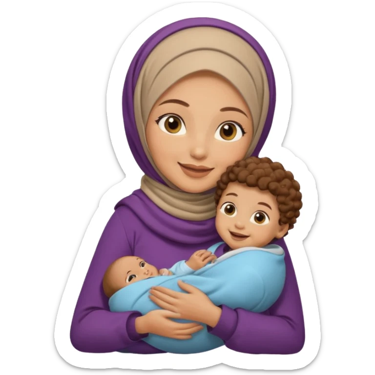 Light skin hijabi woman holding a one baby boy brown curls sticker