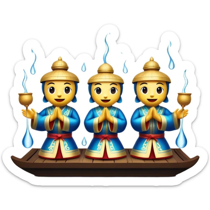 Cinematic Realistic Water Puppetry Emoji, depicted as a whimsical scene of traditional water puppets performing on a reflective water stage, rendered with vivid textures and dynamic playful lighting that captures its enchanting charm. sticker