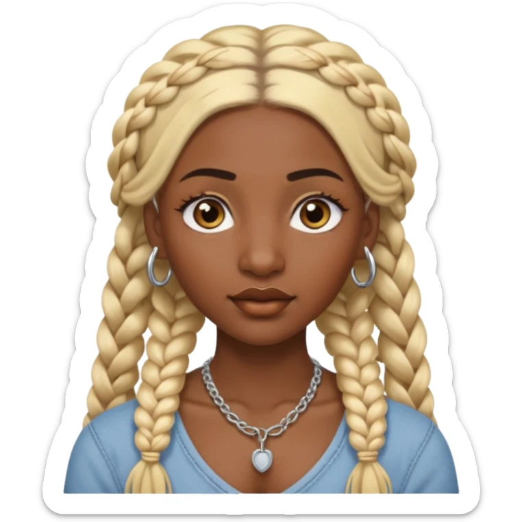 A dark-skinned woman with long blonde hair styled into two thick braids, large golden-brown eyes and arched eyebrows.  a silver eyebrow ring, a nose stud, and a lip ring. sticker
