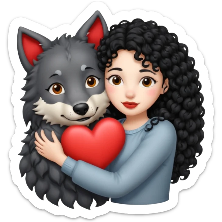 Black curly hair white skin girl hugging a big wolf with hearts above them sticker