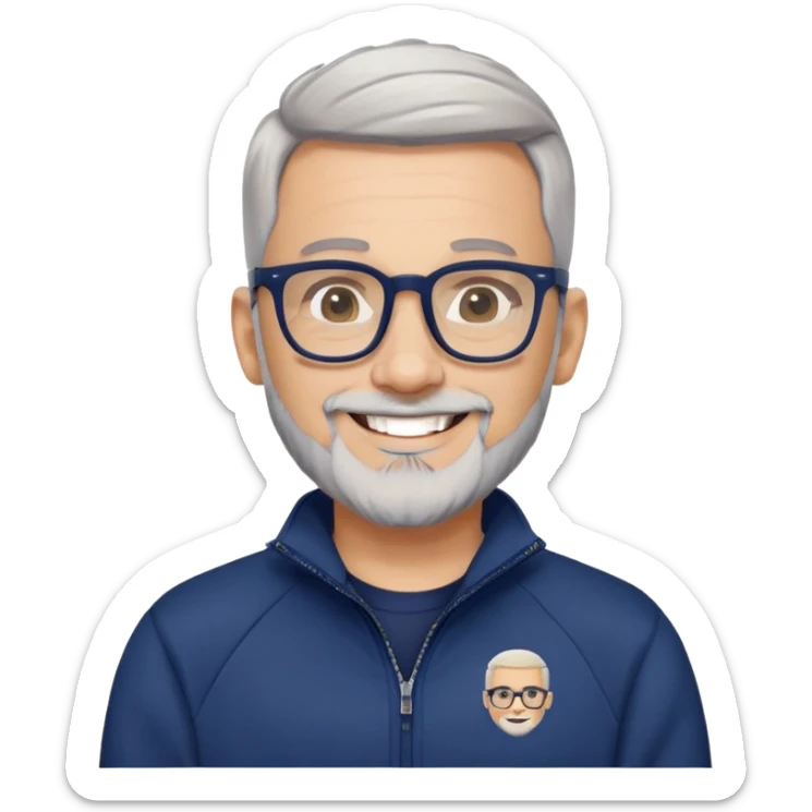 Light-skinned man with tight fade haircut (nearly shaved sides fading to very short on top), short graying beard, big black glasses frames, happy smile, navy blue zip-up sweatshirt with long sleeves sticker