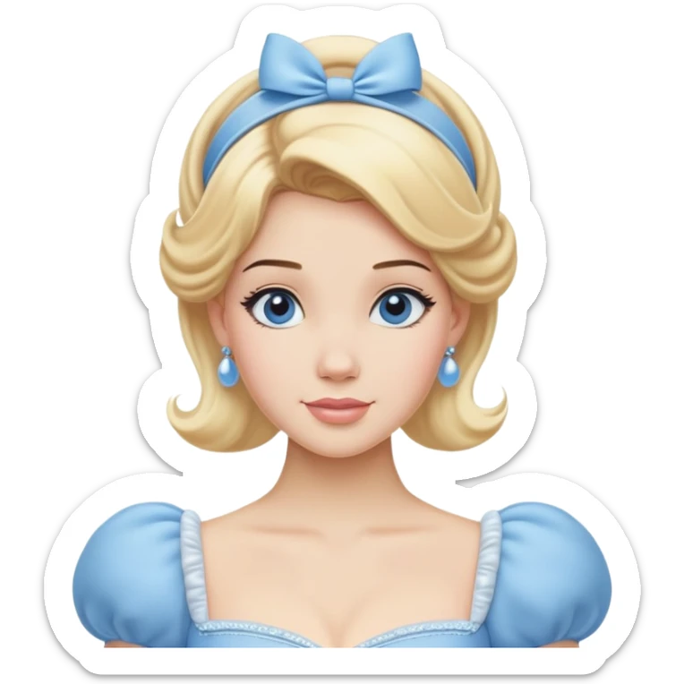 Cinderella from hips up, iconic powder blue ballgown with puffed sleeves, blonde hair with blue headband, minimal style but very recognizable sticker