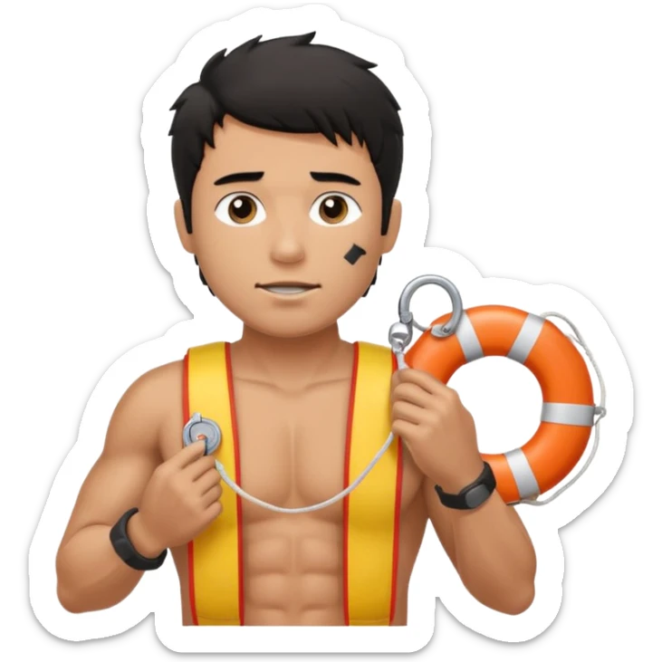Dark Tan Muscular lifeguard no shirt with messy black hair with whistle and life preserver sticker