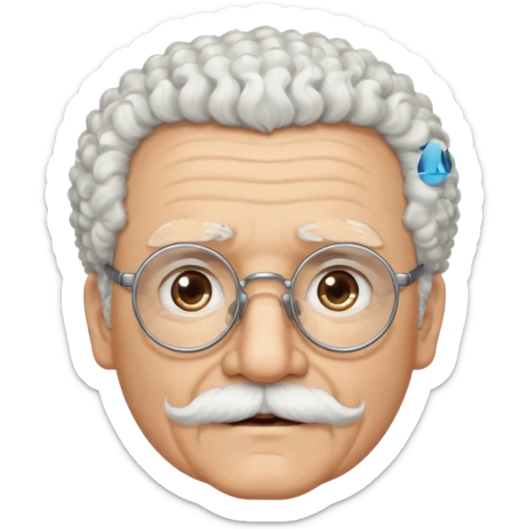 An elderly man emoji with light skin, fluffy curly white hair, thick white eyebrows, brown eyes behind black-framed glasses, a narrow pointed face, and a thin straight white mustache above his mouth. sticker