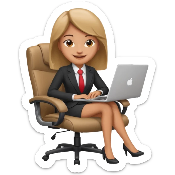 Cartoon faced girl relaxing in an office chair and smiling and working  sticker