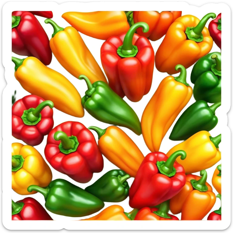 Cinematic bright colorful peppers, glossy and fresh, arranged in a vibrant mix of red, yellow, and green, warm glowing background, fresh and lively. sticker