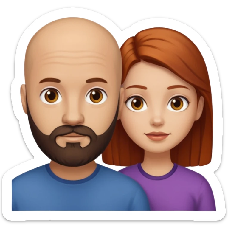 Couple. A bald man with dark brown beard and a girl with light skin. She is a redhead and has dark yellow brown auburn hair. Different skincolor. She has very light skin. sticker