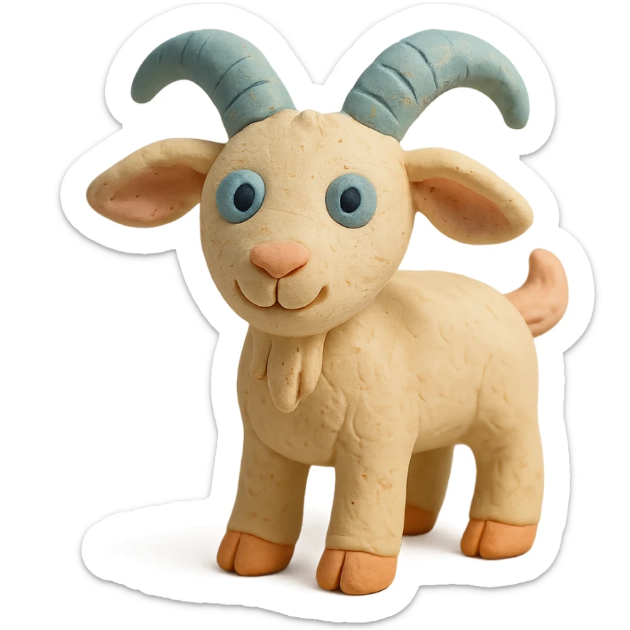playful goat with curved horns, soft pastel colors, hand-molded details, claymation style sticker