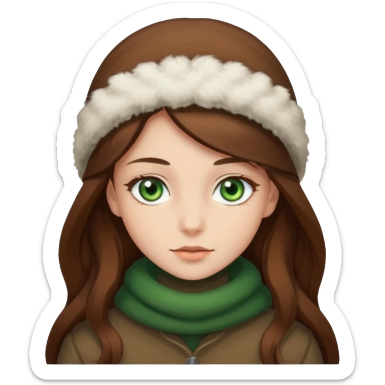 Girl green eyes brown long hair with brown-white winter clothes  sticker