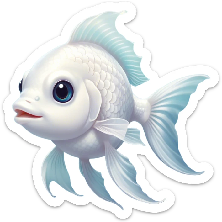 Cinematic Cute White Goldfish Portrait Emoji, Head tilted playfully and inquisitively, featuring a glossy, pure white body with delicate, shimmering scales and round, sparkling pale eyes filled with curiosity, Simplified yet irresistibly adorable features, highly detailed, glowing with a warm, friendly glow, high shine, affectionate and lively, stylized with a touch of whimsy, bright and endearing, soft glowing outline, capturing the essence of a mischievous yet loving goldfish, so playful it feels like it could swim out of the screen and into your heart! sticker