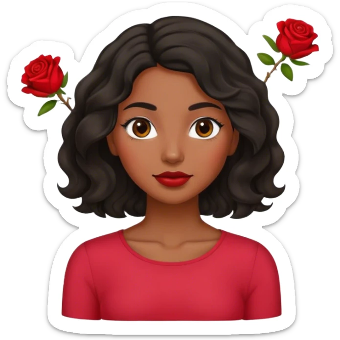 Olive brown eyed women with black wavy hair rose background red top sticker