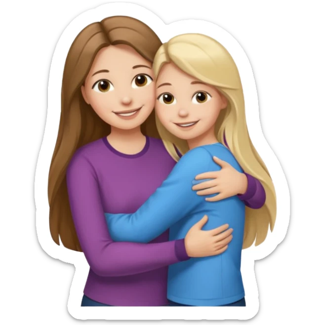 A beautiful mother with long brown hair hugging her cute 12yr old blonde hair daughter super happy sticker