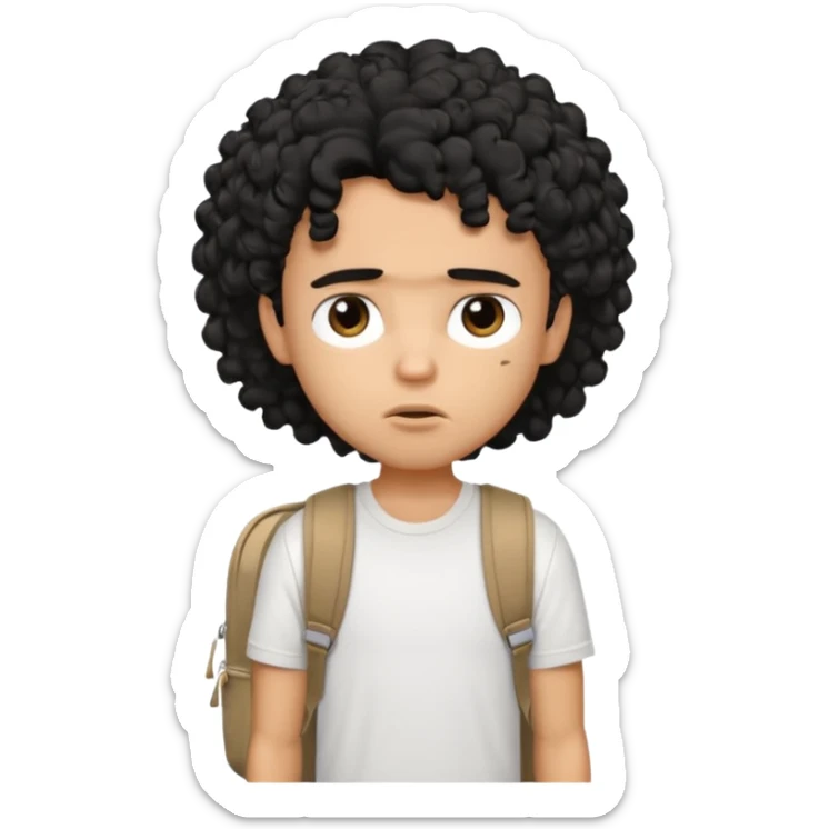a pretty bratz guy with black curly hair wearing a white tshirt and brown backpack looking tired sticker