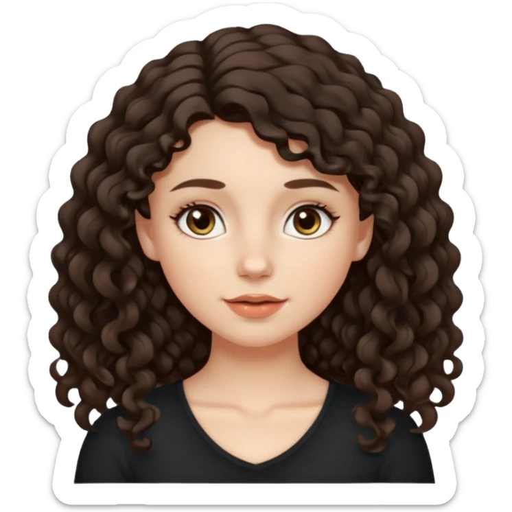 Aesthetic white girl with long curly hair color dark brown (almost black, but more brownish), hair most be in front of the shoulders. Big almond shape eyes color brown, small wide nose, natural lips, sweet expression. Dressed with a cute tight top color black. sticker