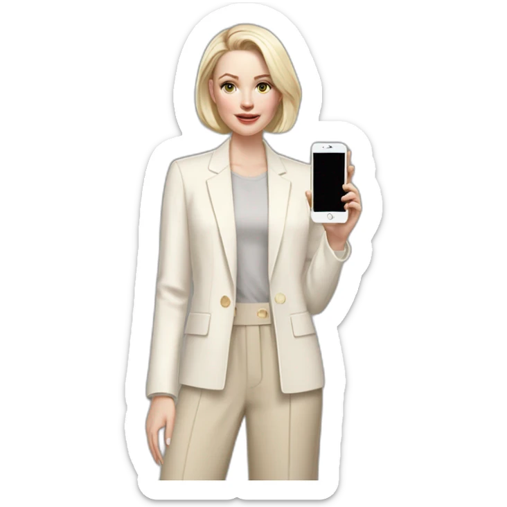 pale skin woman with ash blonde Straightened bob Hair, White Spacious classical jacket, beige palazzo Arrow pants and gray blouse holding white IPhone 14 pro in the hands sticker