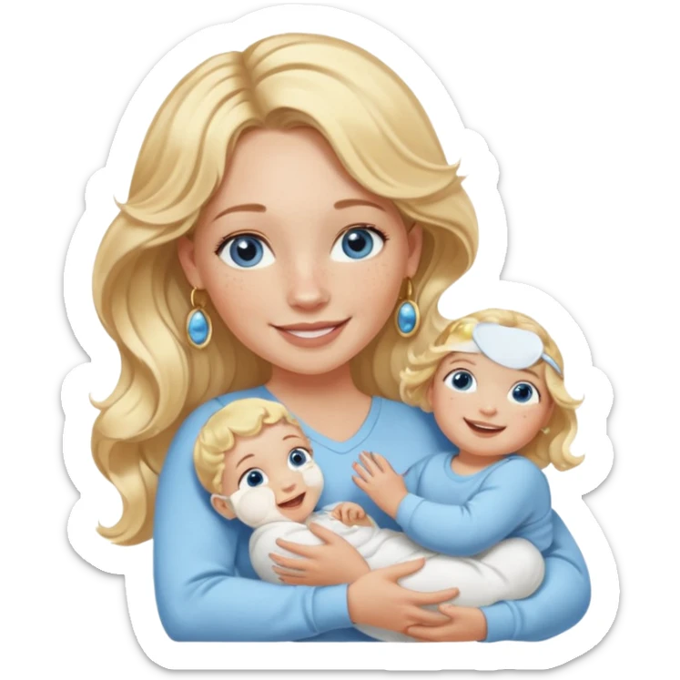 Wavy blonde, white woman with blue eyes, freckles hoop earrings, holding babies smiling and really cute in gold hoops she needs to be holding three newborns, and she needs to be more cute than pretty sticker