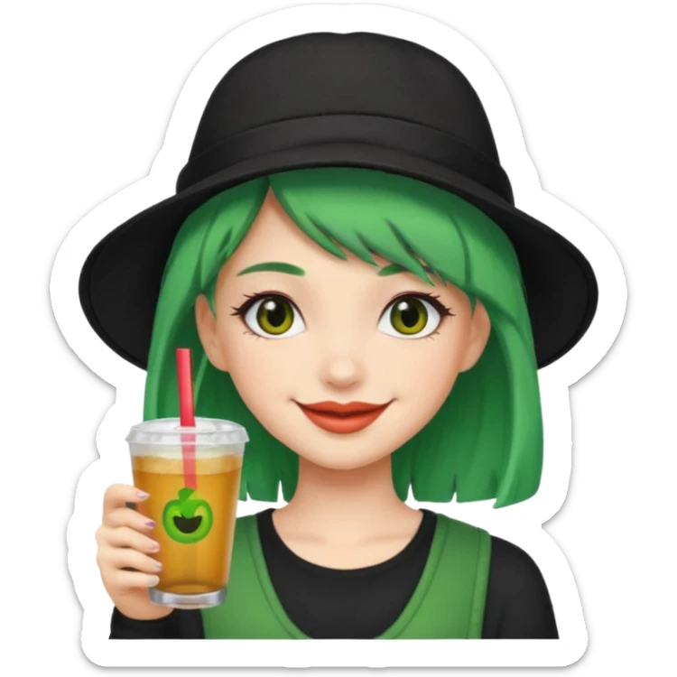  tatoo girl Drink holders with balkc hat green hair  sticker