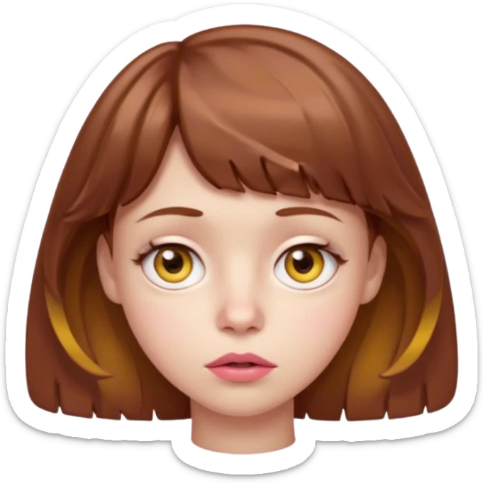 FAÇA UMA PERSONAGEM FOFA COM NARIZ DE BOLINHA AVERMELHADO CLARO E ZUMBI CABELO MARRON ONDULADO E FRANJA CURTA   COMO SE NÃO SOUBESSE OQ FEZ LÁBIOS CLAROS FECHADOS E OLHOS AMARELOS sticker