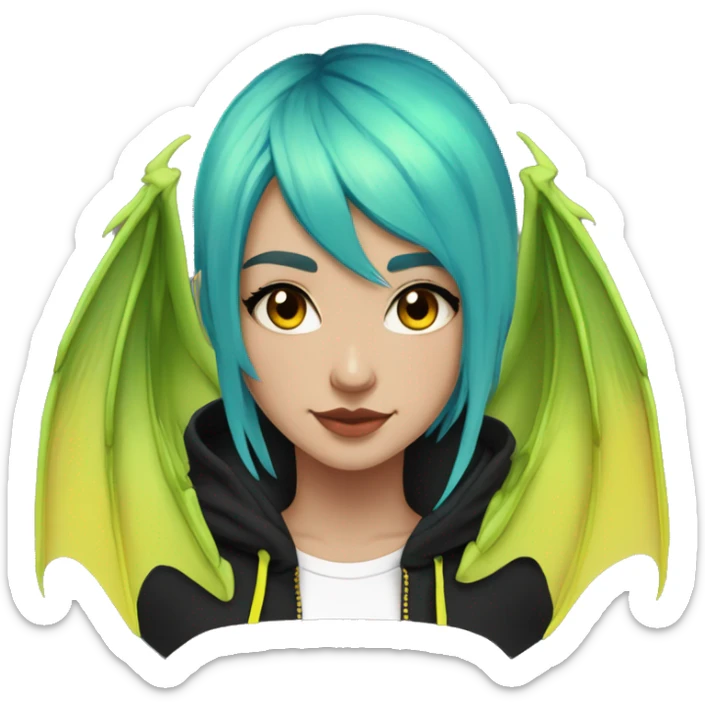 Lady with brunette and iridescent blue hair, gold, lime green dragon wings, black hoodie, bleach dyed, black and gold Nike t shirt, and bright red eyes sticker