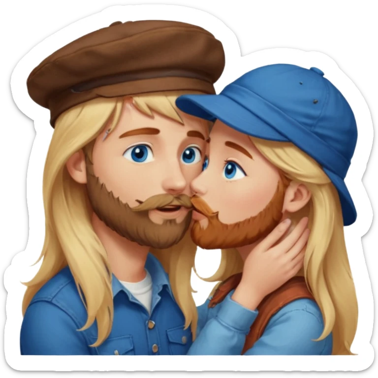 Pretty, long blonde hair blue eyed girl facing a reddish brownish hair-wearing a hat and scruffy beard, blue eyed, white male whose holding her face kissing  sticker