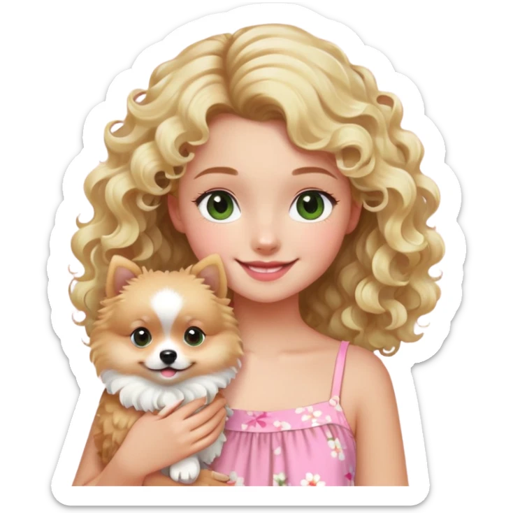 smiling girl with blonde curly hair and brown/Green eyes with a Sweet Blond Pomerania in a pink summer dress  sticker
