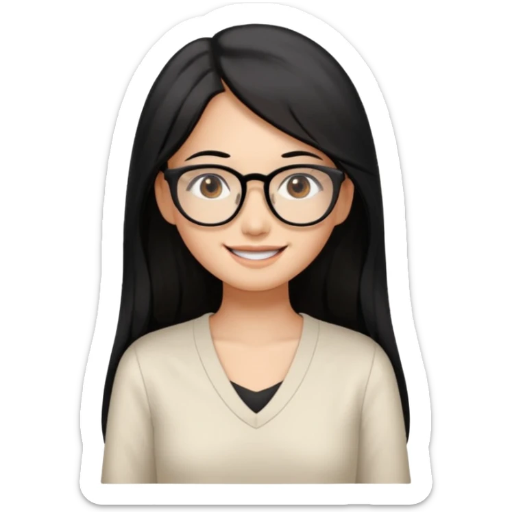 medium tan asian woman with long black hair past middle of back, round brown eyes, white v neck blouse. she has black thick frame rectangle shape glasses on and smiling with no teeth sticker