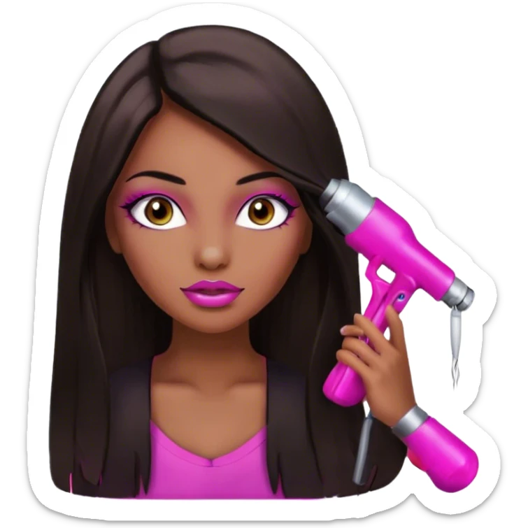 Glamours, dark tan skin tone, very beautiful girl, with big pump pink lips, long long lashes, black straight smooth silky long hair, straight parting hair, brown eyes sticker