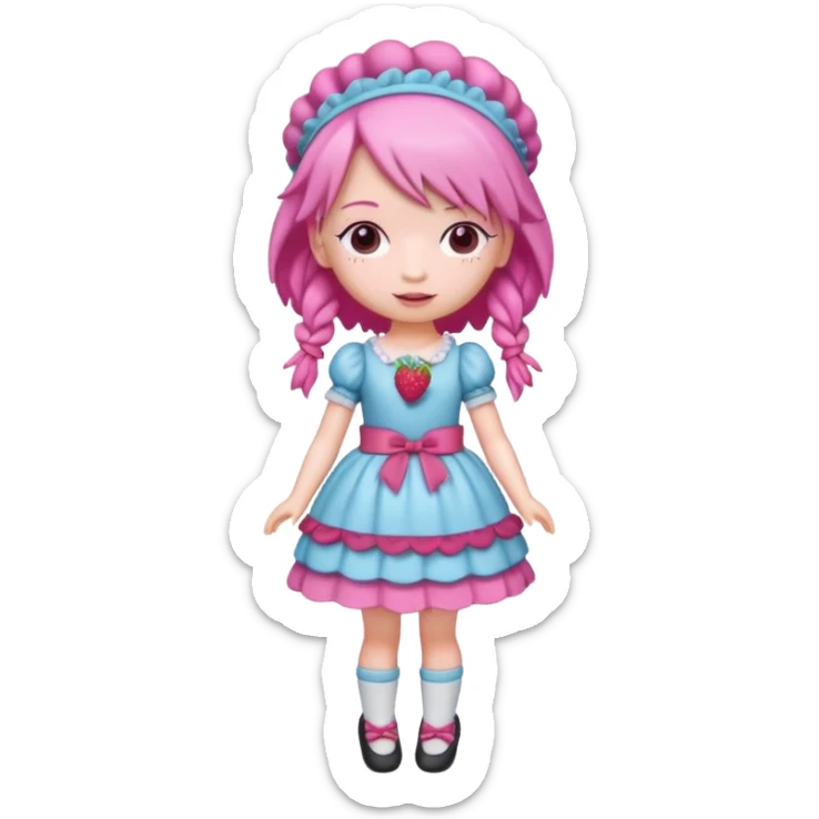 Isolated detaile illustration of the most modern raspberry torte doll figurine full body with pink hair and a hairband sticker