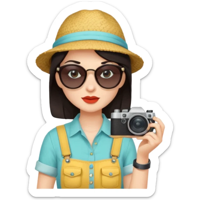 dark haired woman fotographer with summer clothes and sun glasses sticker