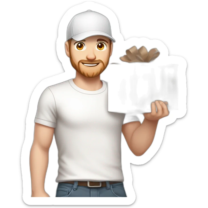 Pale skinned fit Man with dark brown hair in a light gray cap, dark brown jeans, brown polo and white T-shirt keeping a pasted with tape white box into his hands sticker