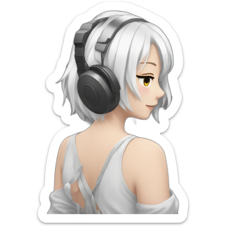 anime girl from behind with headphones on toes and white hair sticker