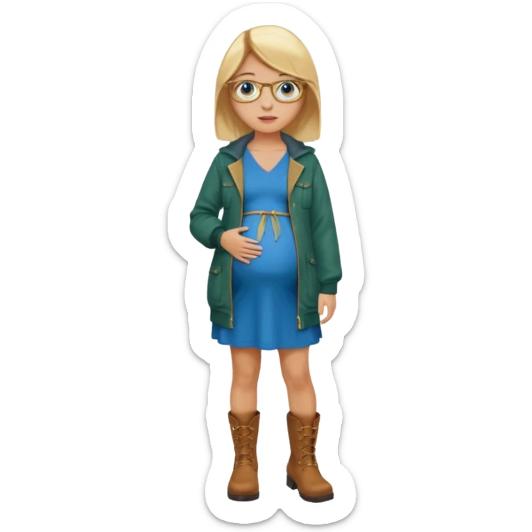 18 year-old pregnant between blonde and brown haired girl with golden glasses with blue eyes in a long bright blue dress and a dark green jacket over the dress and brown boots standing sassily sticker