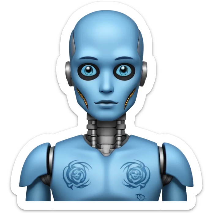 blue Tatooed robot, big many tatooes on chest, neck and face, tatoo on face sticker