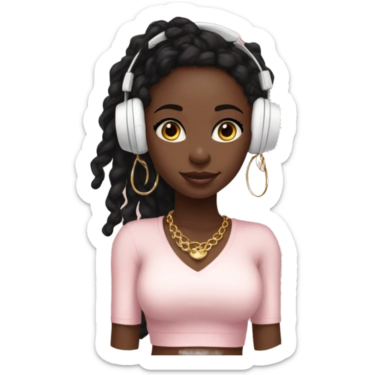 African girl. Black long twists. Wearing white headphones. Listening to music. Wearing a light pink v neck top. Gold Jewelry. Makeup. Blush. sticker