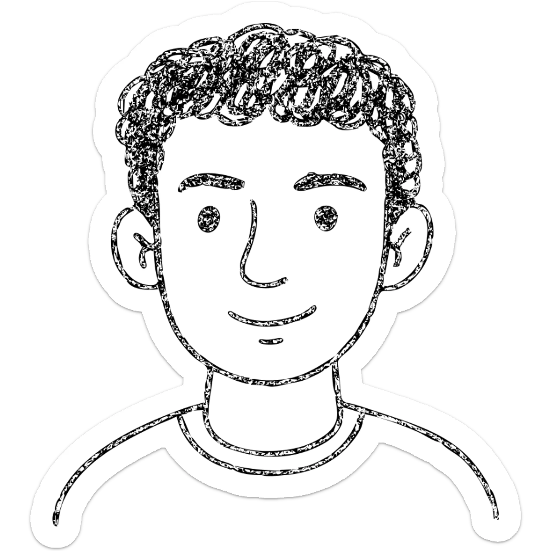 good looking young adult boy with brown curly hair and brown eyes, hand drawn outline icon sticker