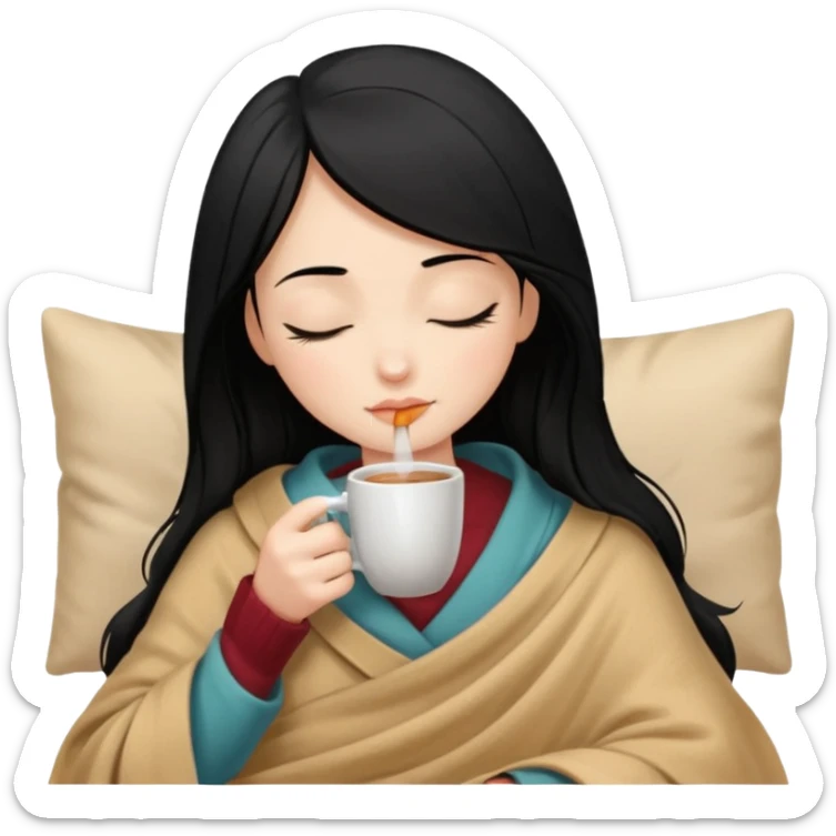 black hair girl long hair inside a beige blanket sipping coffee eyes closed sticker