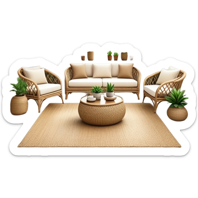 modern boho living room with many indoor plants, rattan furniture, white walls, and natural light sticker