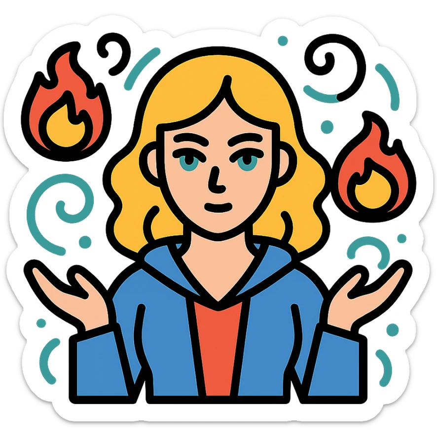 blonde woman with green eyes casting fireballs with magical energy swirling around her, color outline icon style sticker