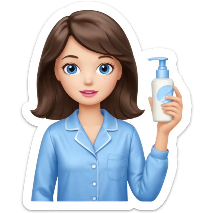 Barbie girl with makeup, blue eyes , and bob long haircut wavy, short brown hair in creamy color pajamas, face cream in hand sticker