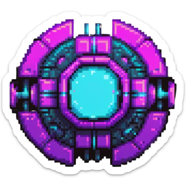 futuristic cyberpunk pixel art icon, vivid neon colors purple magenta cyan, minimal expressive design, 32x32, centered, high contrast, transparent background, no text, suitable for dark background, music platform symbol Spotify YouTube Deezer SoundCloud sticker