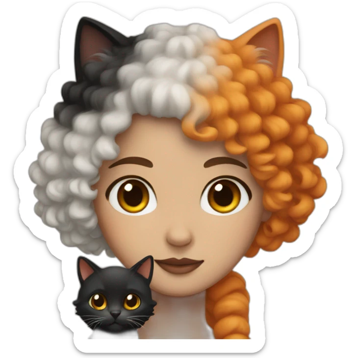 A white skin female with curly hair and a black, an orange and a beige cat sticker