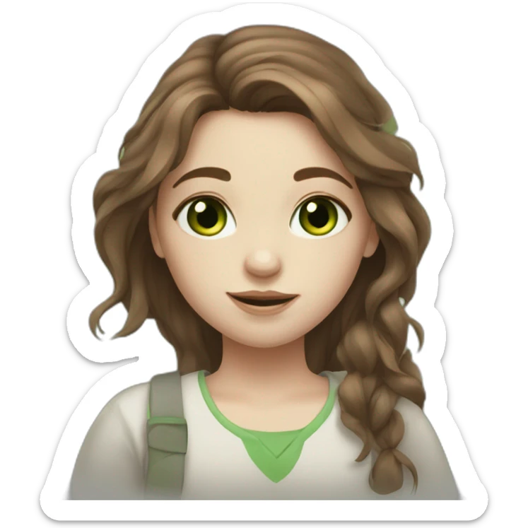 Messy long brown haired girl with green eyes, pale skin and little birthmark on neck middle part sticker